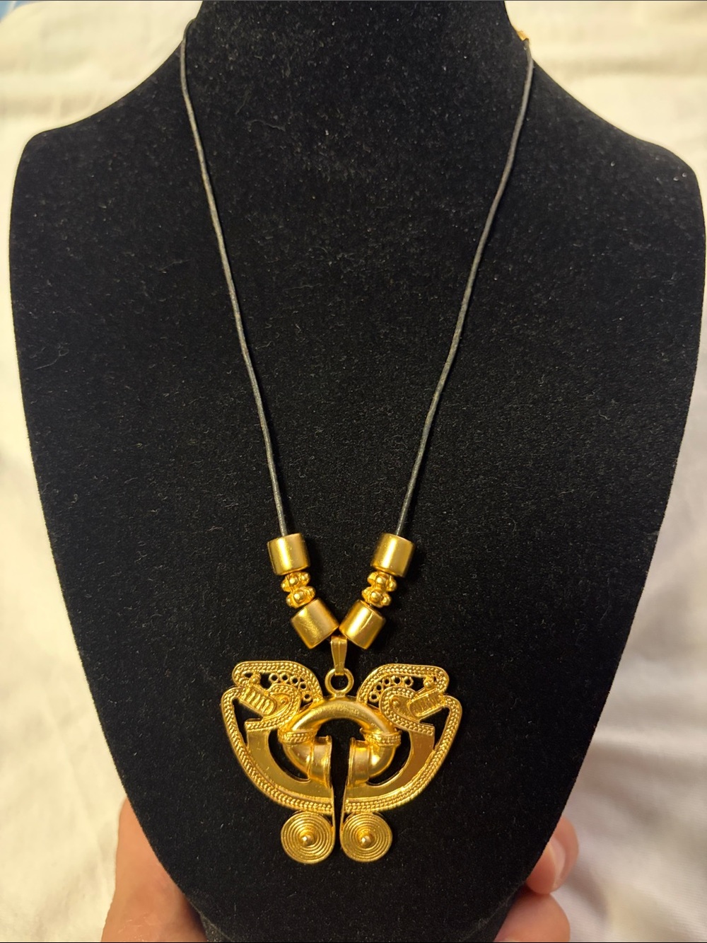 Gold Double-Snake Pendant Necklace on Black Cord - Women Jewelry
